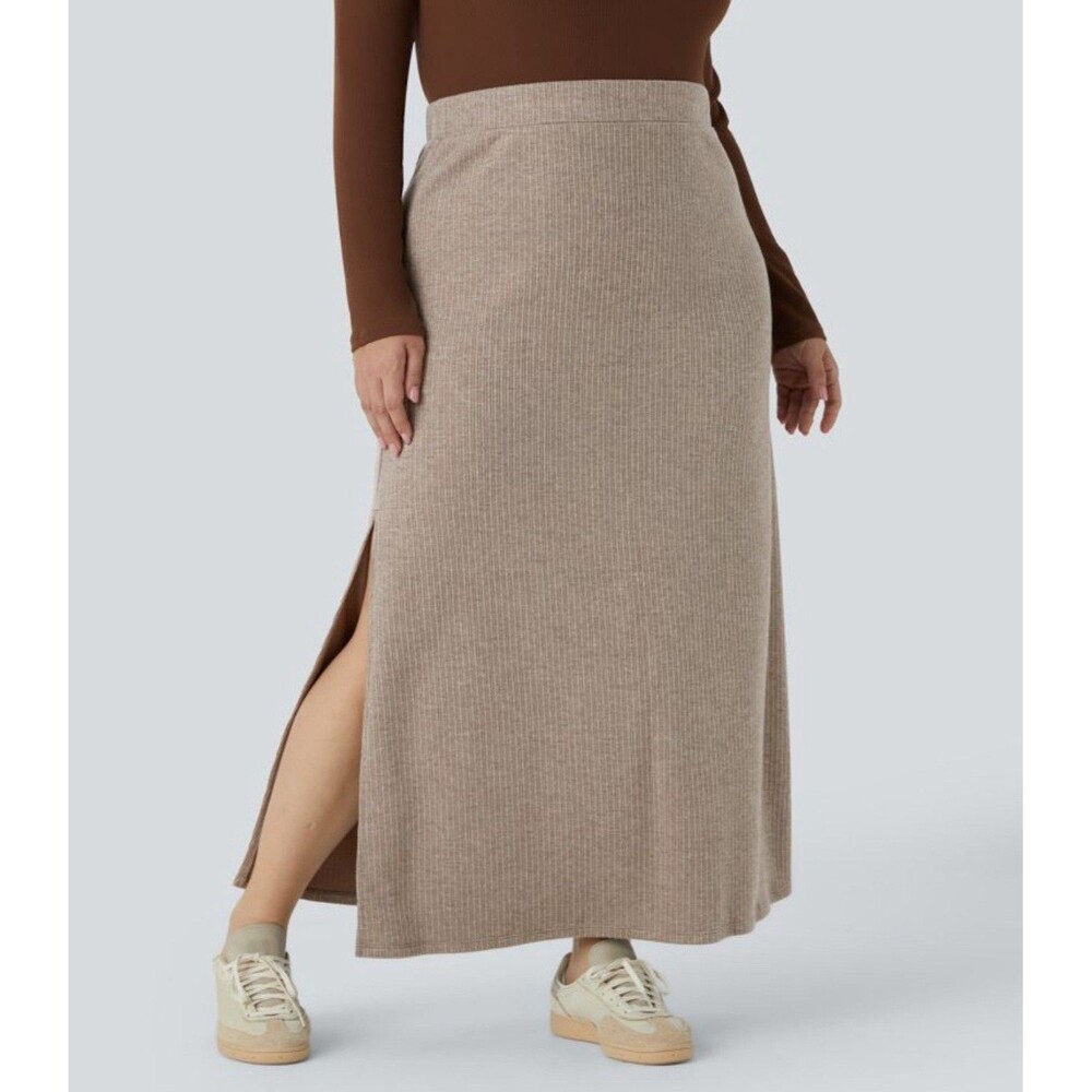 Halara Womens Ribbed High Waisted Hem A Line Maxi Skirt Casual Beige Size XL